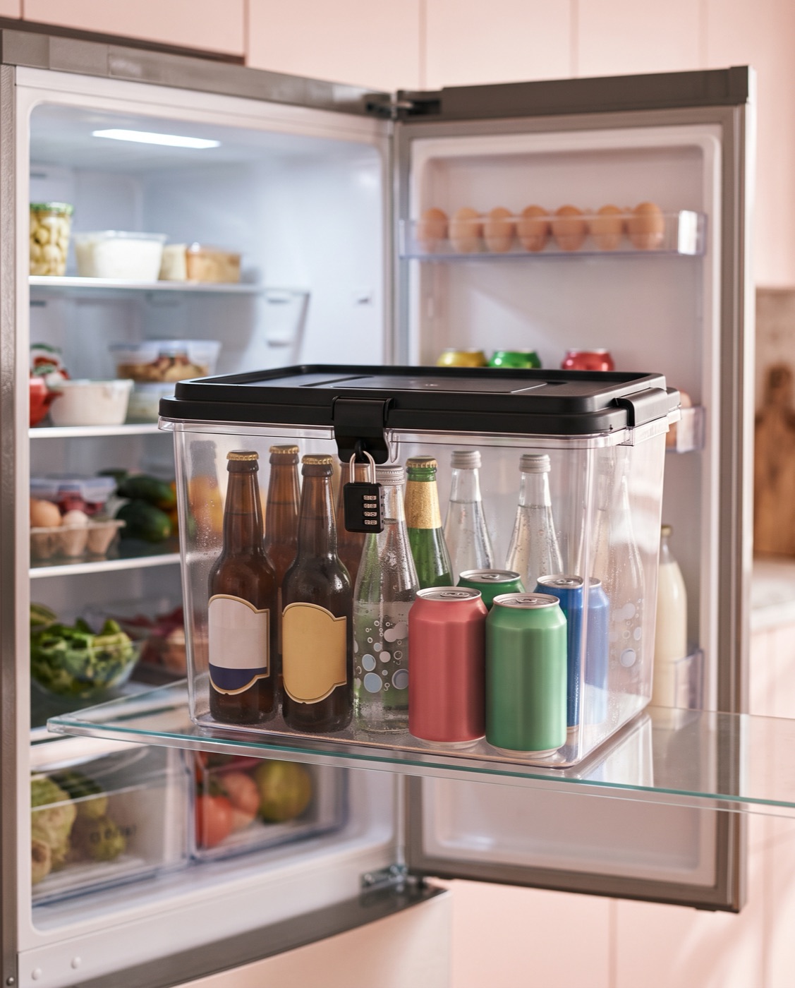 Boîte noire dans un réfrigérateur, remplie de bières et de sodas