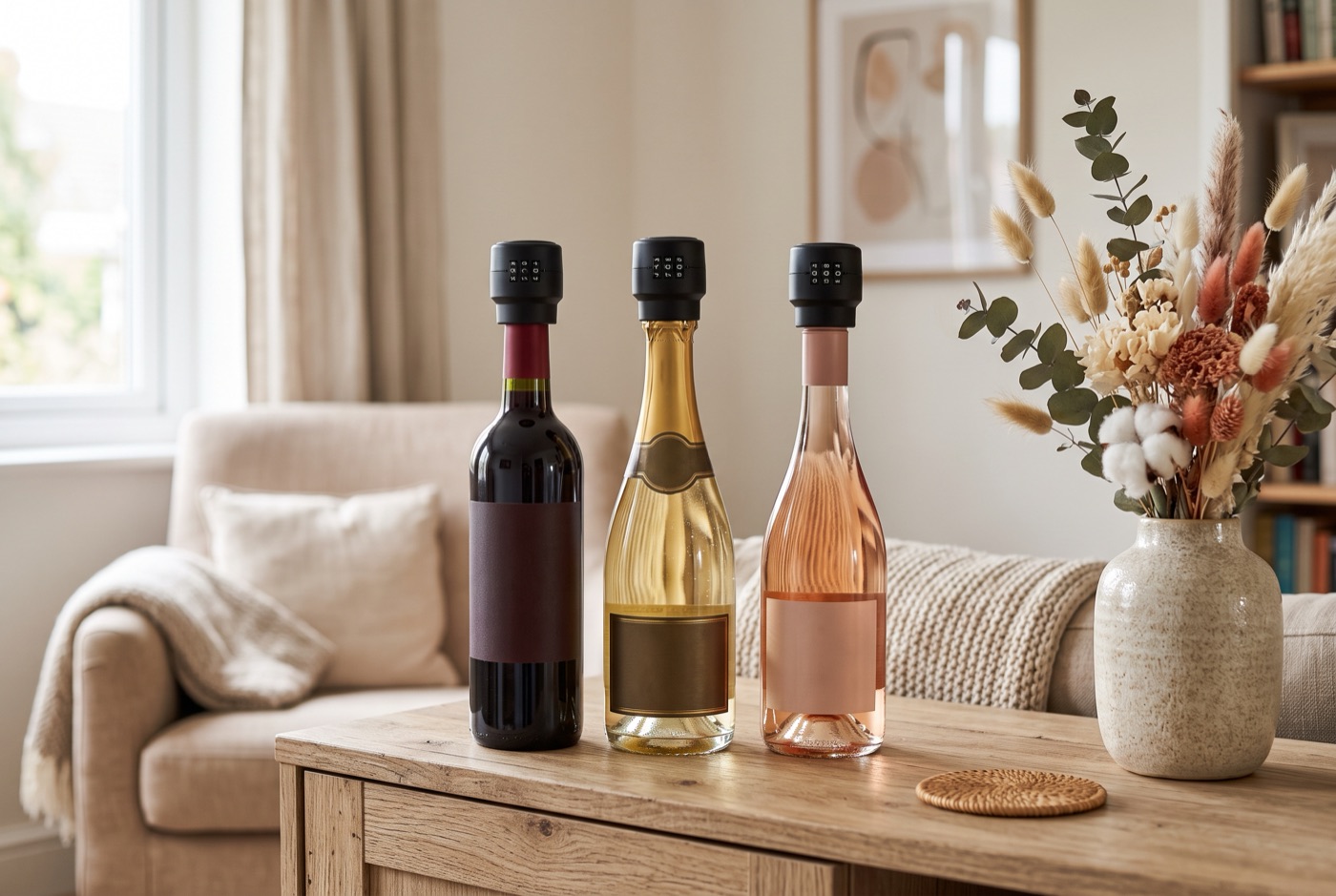 Trois bouteilles, rouge, champagne et rosé, fermées par un verrou à code